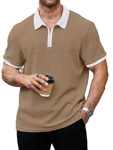 KAJARU Men's Waffle Knit Polo T-Shirt, Short Sleeve, Zip Collar